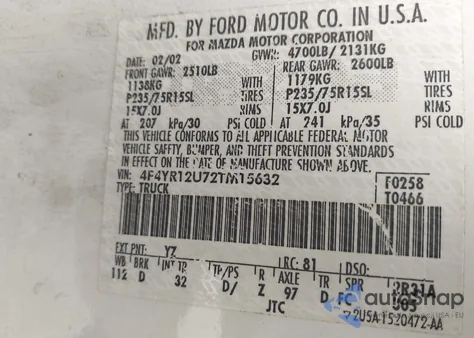 2002 Mazda B3000 Ds z USA, uszkodzony, nr VIN 4F4YR12U72TM15632